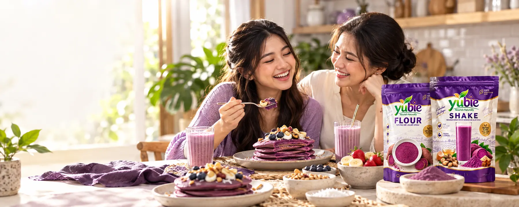 Dua perempuan Indonesia menikmati sarapan dengan Yubie Flour dan Yubie Shake