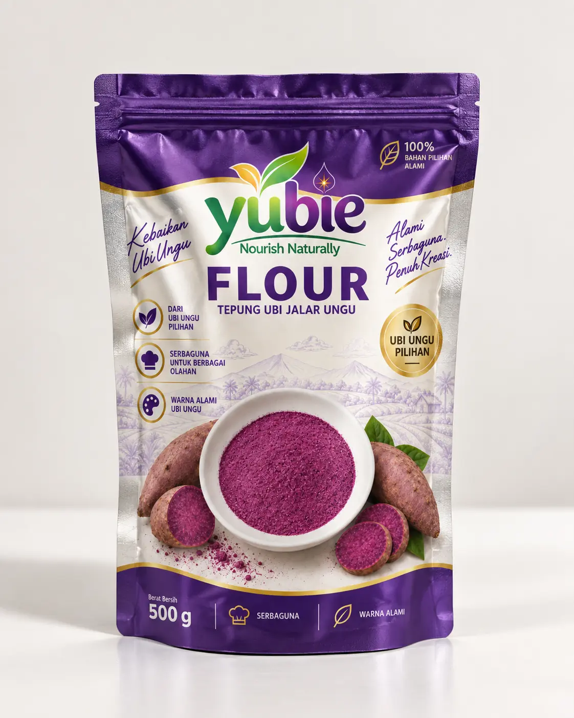 Konsep kemasan Yubie Flour—pouch tepung ubi jalar ungu